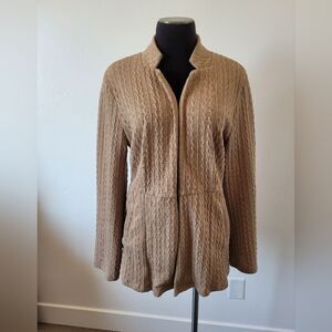 Tan Brown Cable Knit Open Front Sweater Cardigan Blazer Notched Collar Preppy XL